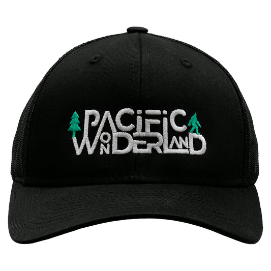 This mesh trucker cap from Oregon says Pacific Wonderland and features a small bigfoot and pine tree