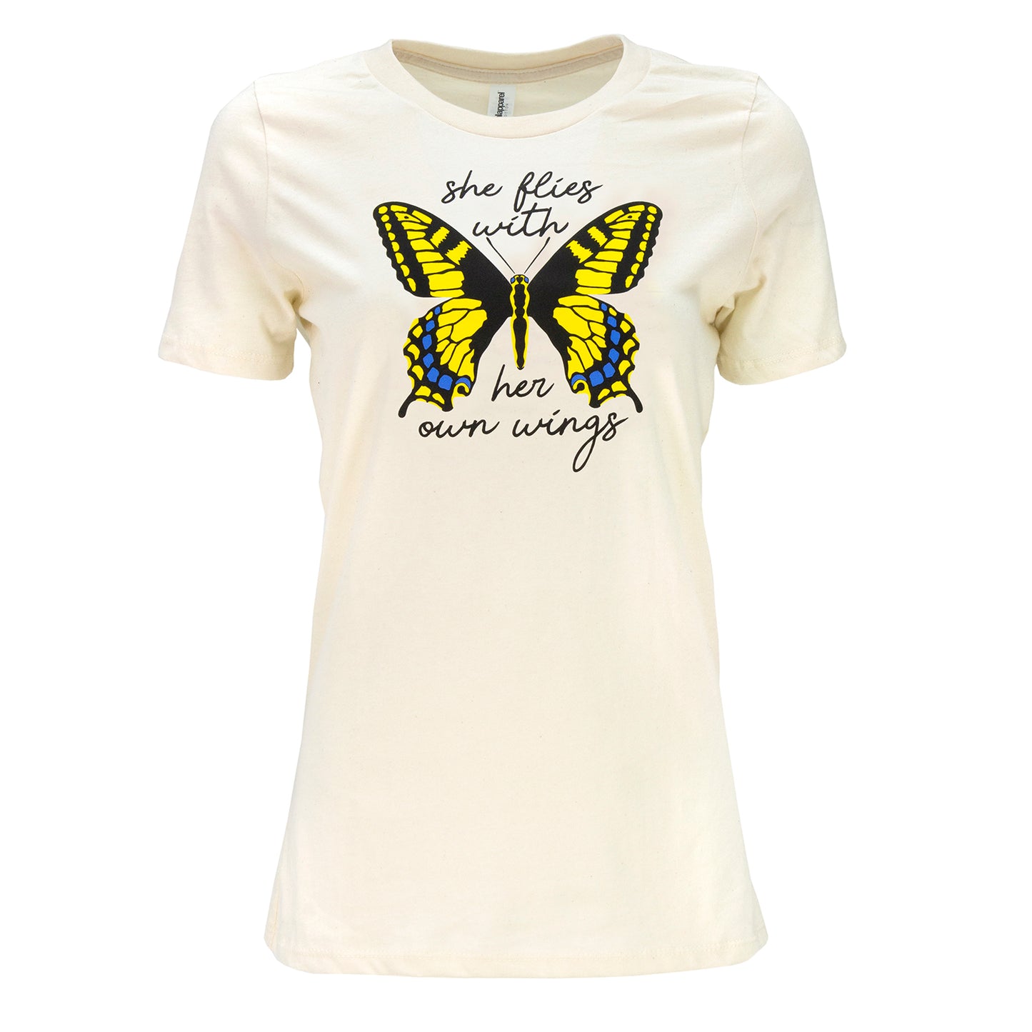 This women's tee shirt features Oregon's state insect, the Oregon Swallowtail, and the state's official motto: She flies with her own wings