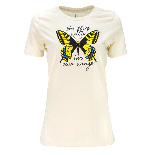 This women's tee shirt features Oregon's state insect, the Oregon Swallowtail, and the state's official motto: She flies with her own wings