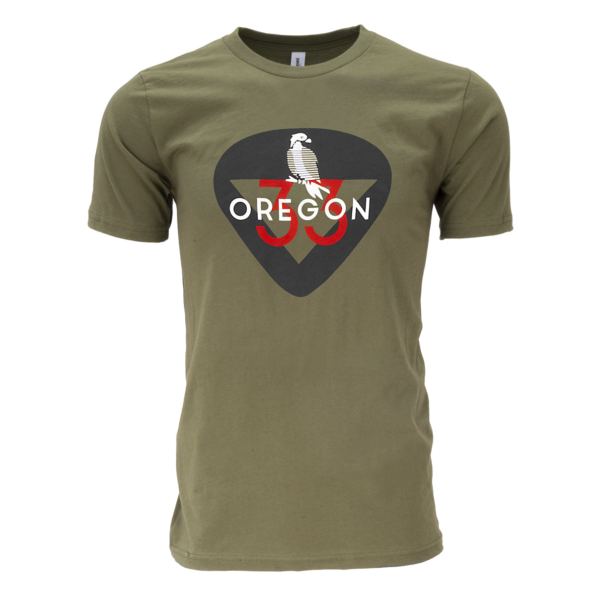 This tee shirt features Oregon's state raptor, the osprey, perched on the number 33, to symbolize Oregon's entry to the union as the thirty-third state.