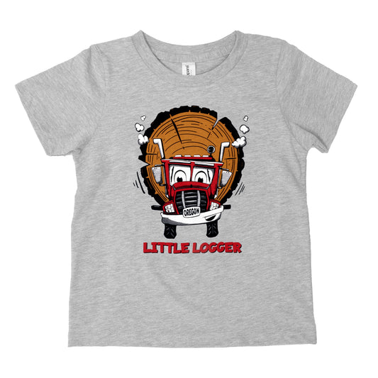 A tee shirt for toddlers, the graphic features the words Little Logger and a caricature of a logging truck to symbolize the importance of logging in Oregon's economy.