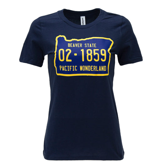This women's tee shirt features a graphic that mimics Oregon's Pacific Wonderland license plate, with numbers to indicate the state's entry into the union in February 1859