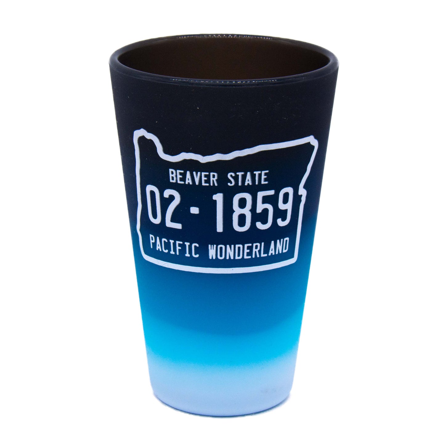 This pint glass is made with silicon and is silk-screened with the shape of Oregon.  The graphic mimics the state's Pacific Wonderland license plates with numbers to represent Oregon's entry to the union in February 1859